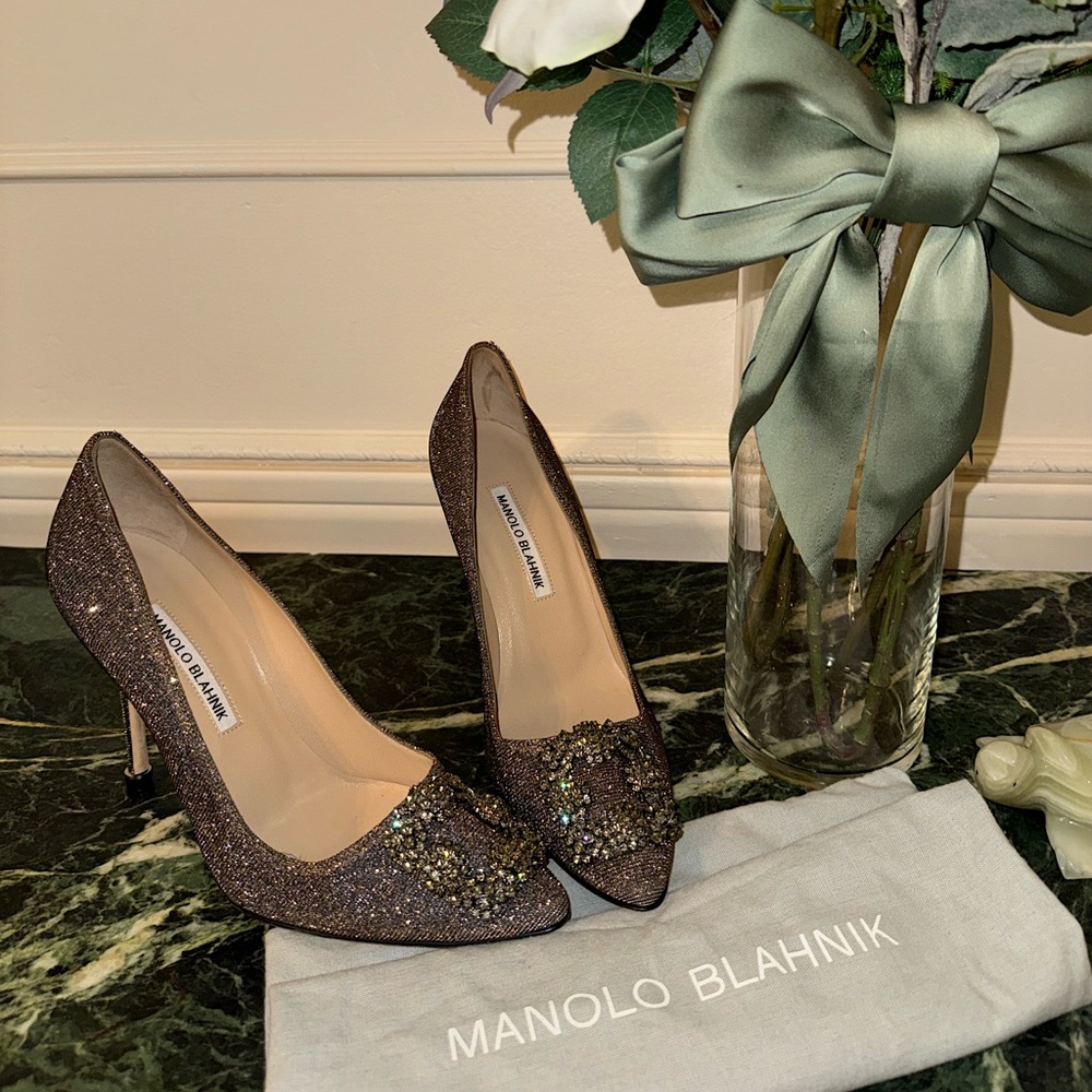 Manolo Blahnik Hangisi Glitter Pumps - Dark Gold Glitter Jewel Buckle Pump